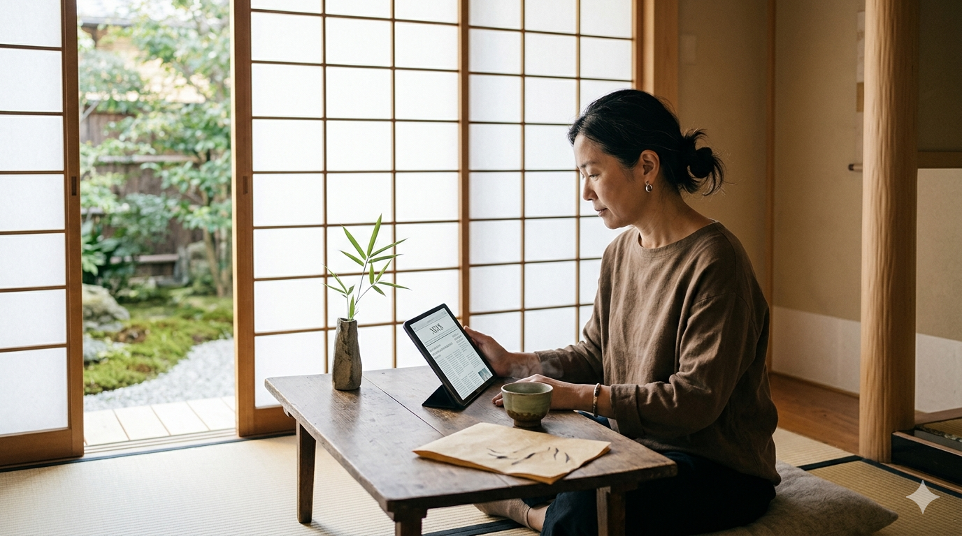 Calm reading scene: a person quietly reading medical news on a tablet in a softly lit Zen-style room