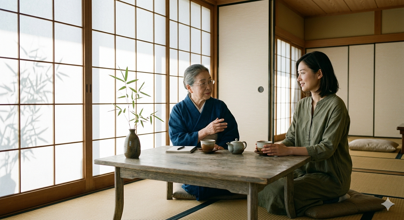 A calm Zen-style consultation: two people in quiet conversation in a softly lit, minimalist room