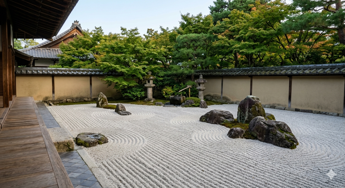 A serene Zen garden with raked sand and smooth stones, symbolising clarity and calm